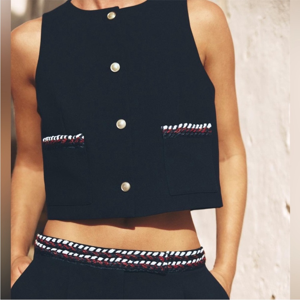 NWT ZARA Small Fancy Trim Vest Navy | Officecore Modern Classic Polished Look